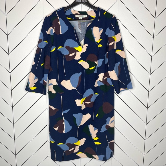 Boden | Easy Notch Floral Shift Dress 3/4 Sleeve Navy Size 8 Long - Picture 2 of 8